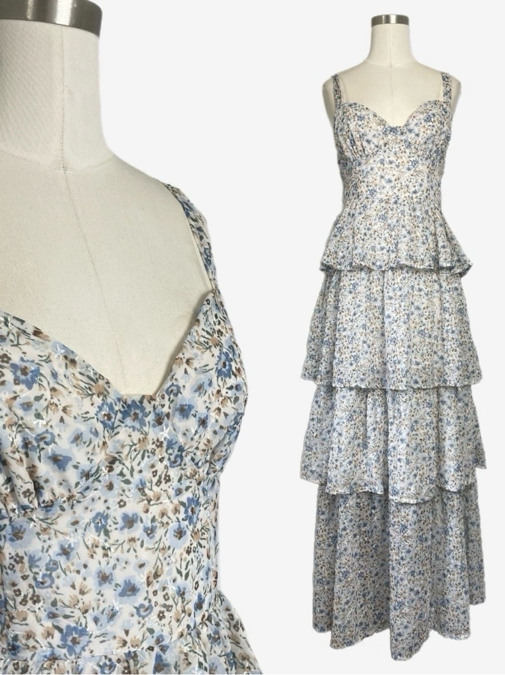 Altar'd State Blue white floral embroidered tiered sweetheart neckline maxi M